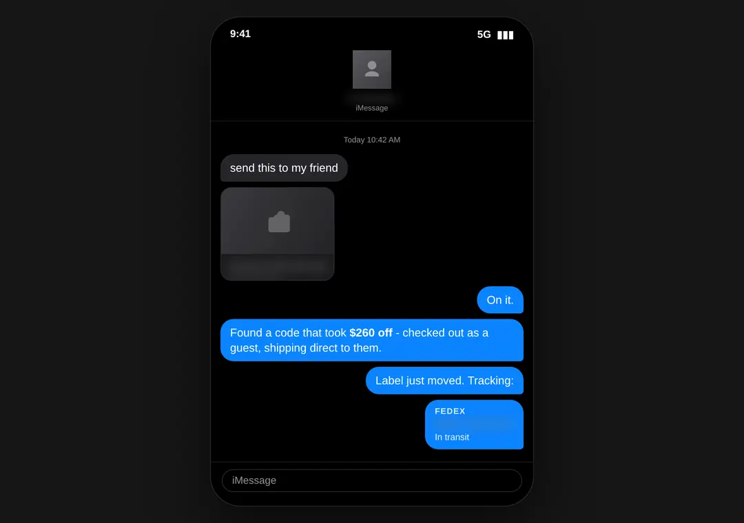 Text thread: a gift link becomes a placed order and a tracking number