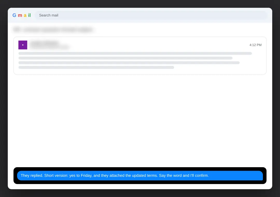 Email thread: watched until the reply lands, then one alert text