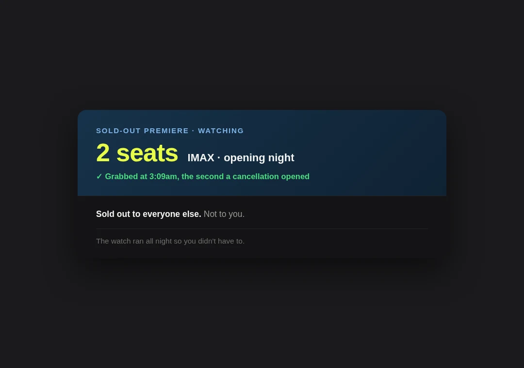 Ticket card: two IMAX premiere seats grabbed at 3:09am