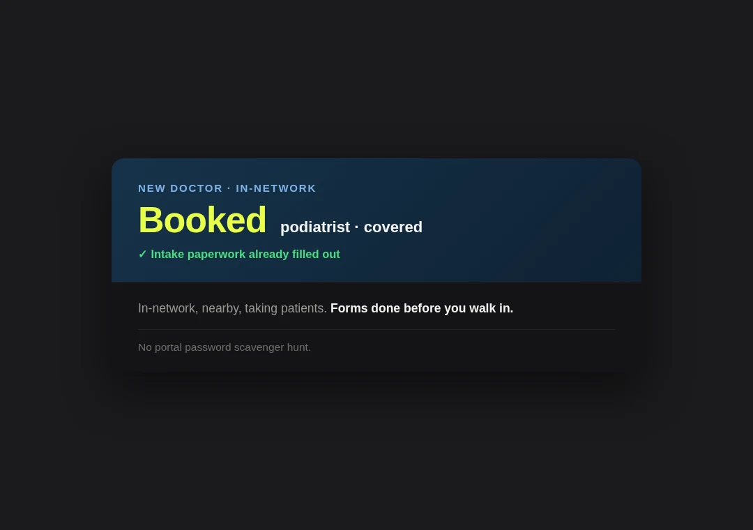 Booking card: in-network podiatrist booked, intake forms done