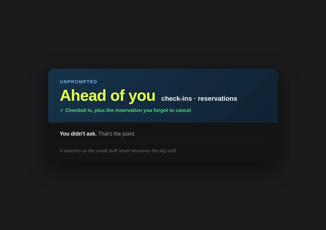 Proactive card: checked in unprompted, forgotten reservation flagged