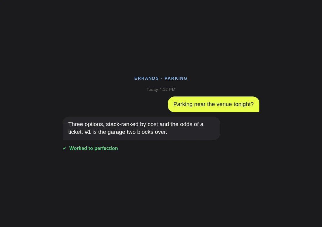Ranking card: parking options stack-ranked by cost and ticket odds