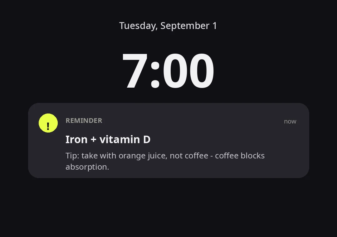 Lock screen: a 7:00 AM reminder for iron and vitamin D with a rotating tip