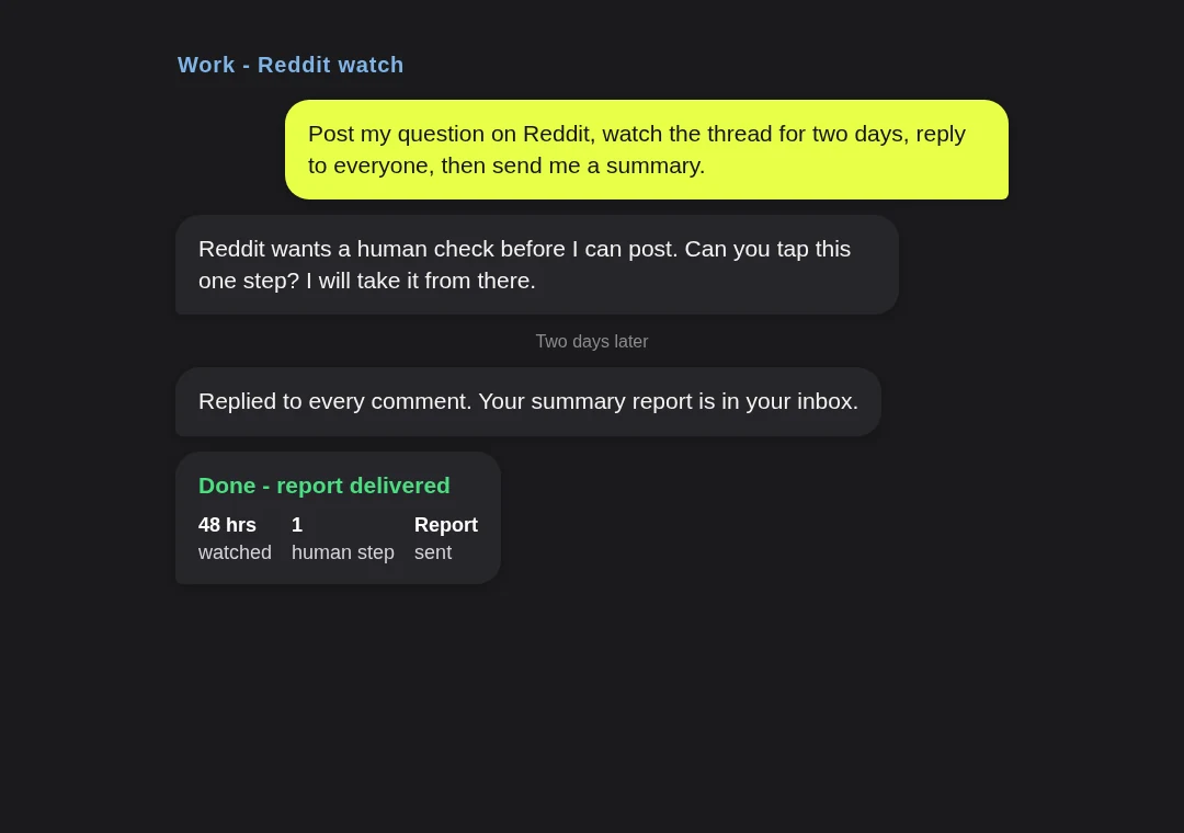 Work card: a Reddit thread posted, watched for two days, and summarized