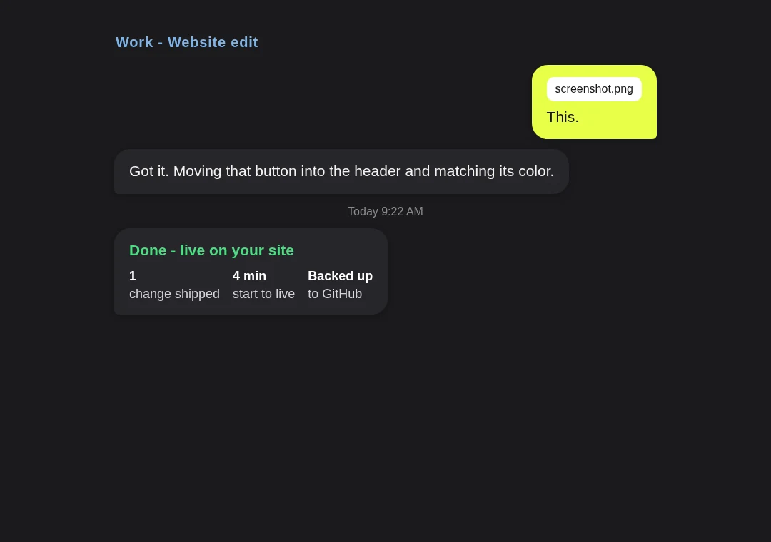 Work card: a screenshot with a red arrow turned into a live website change
